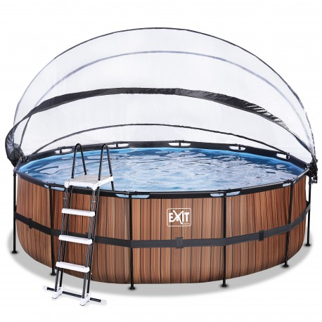 EXIT Wood pool ø450x122cm med dome og filterpumpe - brun