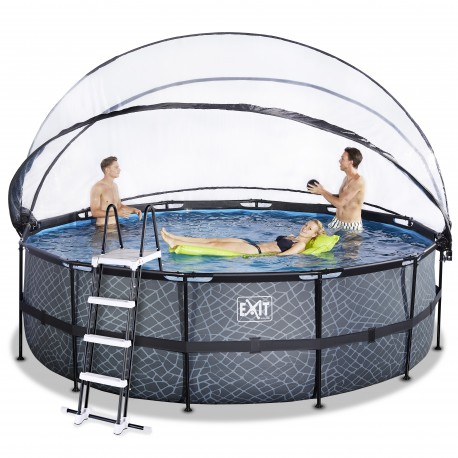 EXIT Stone pool ø488x122cm med dome og sandfilterpumpe - grå