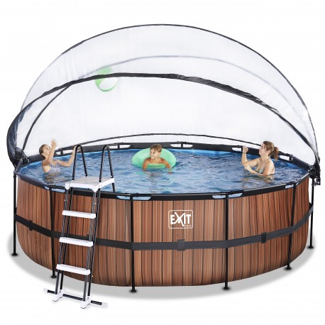 EXIT Wood pool ø488x122cm med dome og sandfilterpumpe - brun