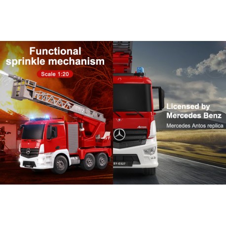 Fjernstyret Mercedes brandbil m. rigtig vandsprøjte og styrbar stige