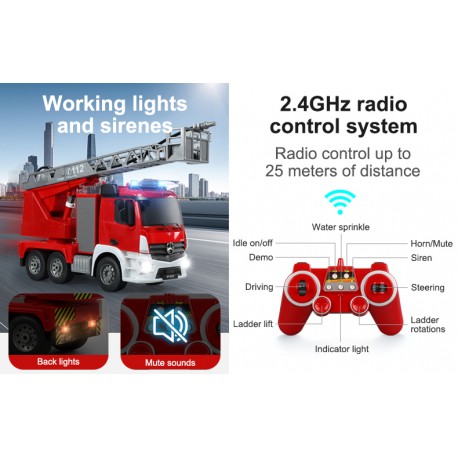 Fjernstyret Mercedes brandbil m. rigtig vandsprøjte og styrbar stige