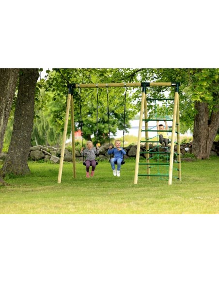 Hörby Bruk Træ Gyngestativ Active High med klatrenet og stige