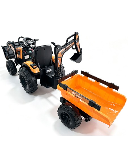 EL Traktor med frontskovl, gravekran og trailer til børn 21,6V – Orange