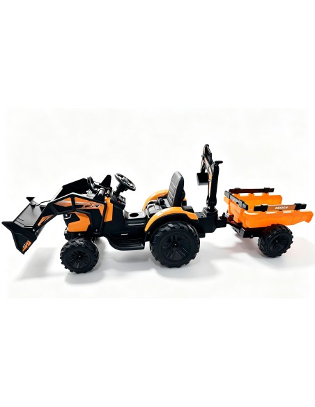 EL Traktor med frontskovl, gravekran og trailer til børn 21,6V – Orange