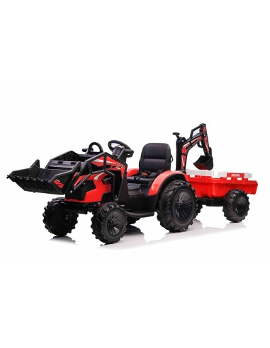 EL Traktor med frontskovl, gravekran og trailer til børn – Rød