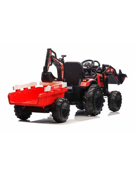 EL Traktor med frontskovl, gravekran og trailer til børn – Rød EL Traktor med frontskovl, gravekran og trailer til børn – Rød