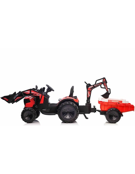 EL Traktor med frontskovl, gravekran og trailer til børn – Rød EL Traktor med frontskovl, gravekran og trailer til børn – Rød